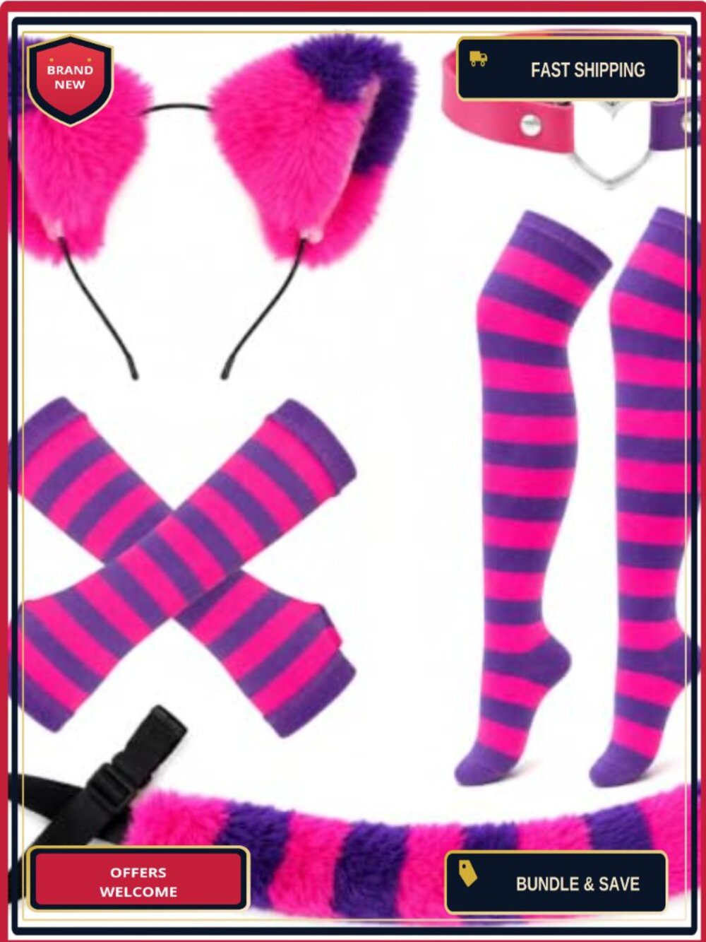 Cat Costume Accessory Set Ears Headband Tail Choker Gloves Socks